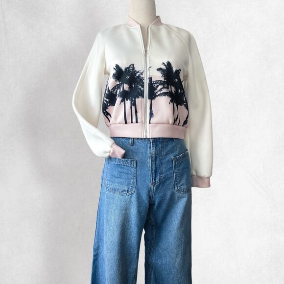 Missguided Neoprene Cropped Bomber Jacket 4 Palm Tree Pastel Pink White Black - Picture 3 of 9
